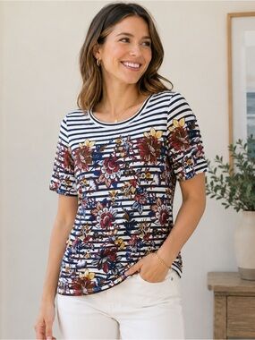 J.Crew Floral Stripe Top XS Cotton Short Sleeve Preppy Lightweight